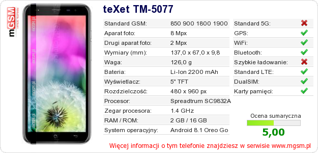Dane telefonu teXet TM-5077
