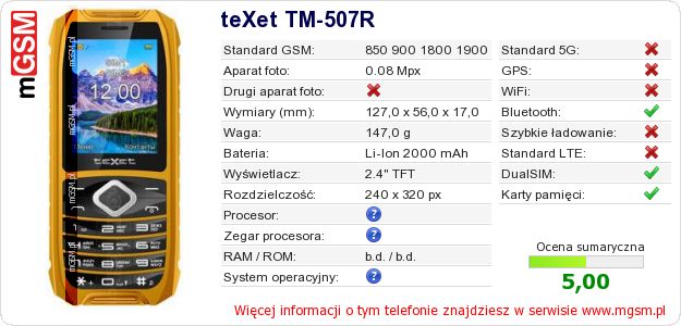 Dane telefonu teXet TM-507R