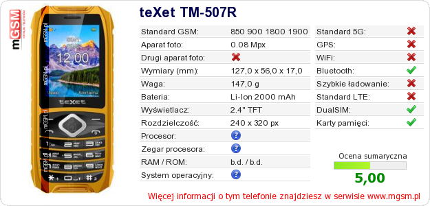 Dane telefonu teXet TM-507R