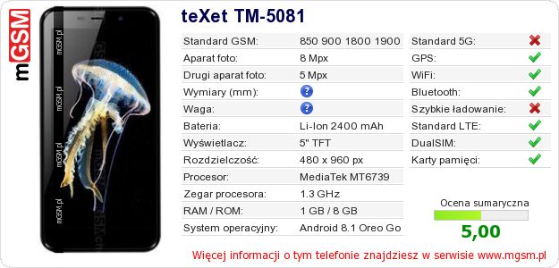 Dane telefonu teXet TM-5081