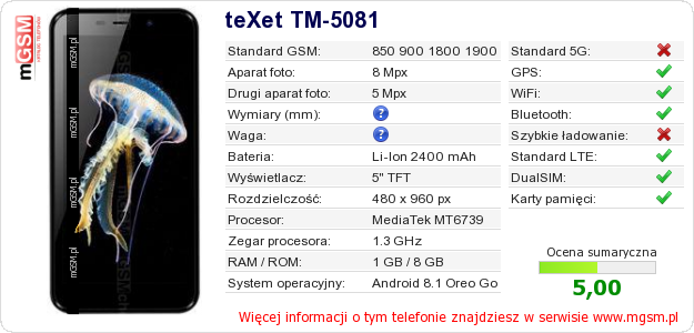 Dane telefonu teXet TM-5081