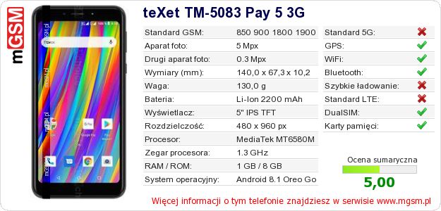 Dane telefonu teXet TM-5083 Pay 5 3G