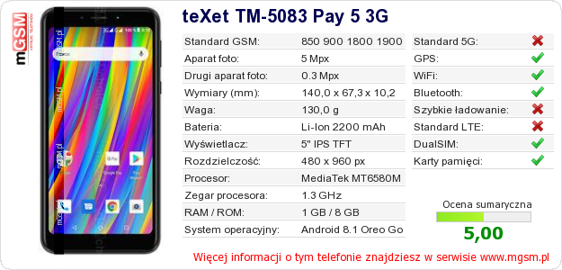 Dane telefonu teXet TM-5083 Pay 5 3G