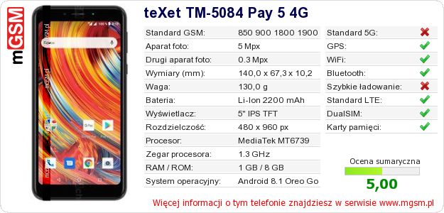Dane telefonu teXet TM-5084 Pay 5 4G