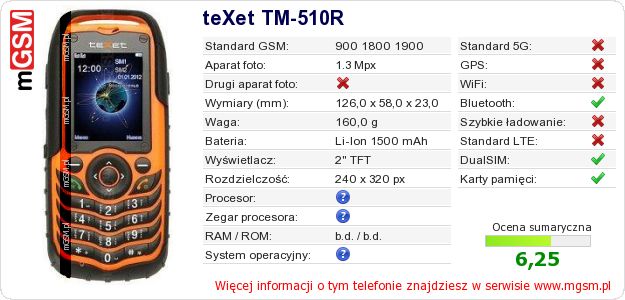 Dane telefonu teXet TM-510R
