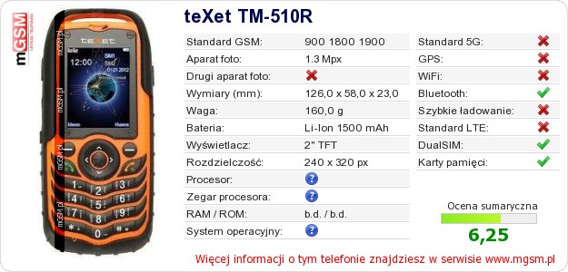 Dane telefonu teXet TM-510R