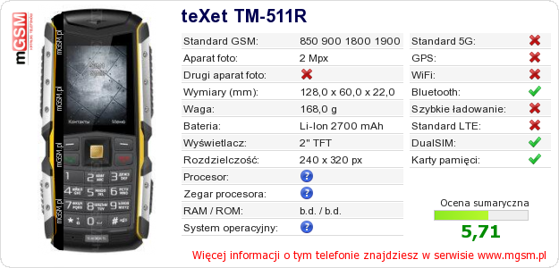 Dane telefonu teXet TM-511R
