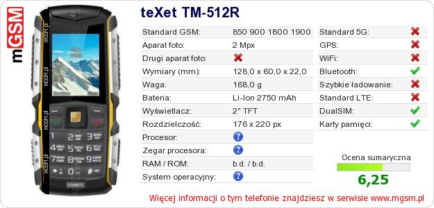 Dane telefonu teXet TM-512R