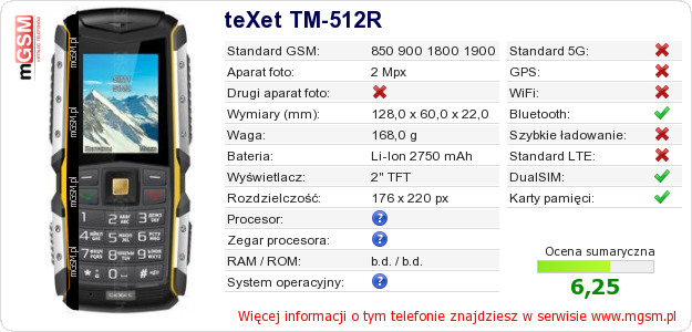 Dane telefonu teXet TM-512R Dane telefonu teXet TM-512R