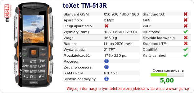 Dane telefonu teXet TM-513R