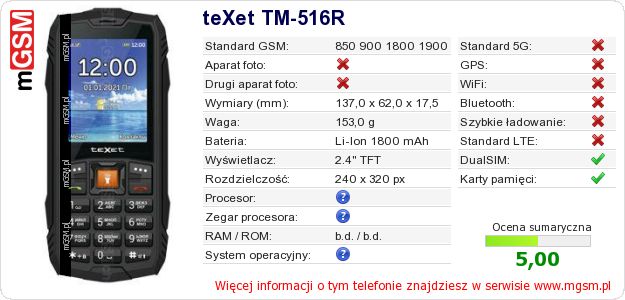 Dane telefonu teXet TM-516R