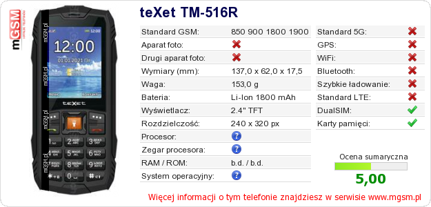 Dane telefonu teXet TM-516R