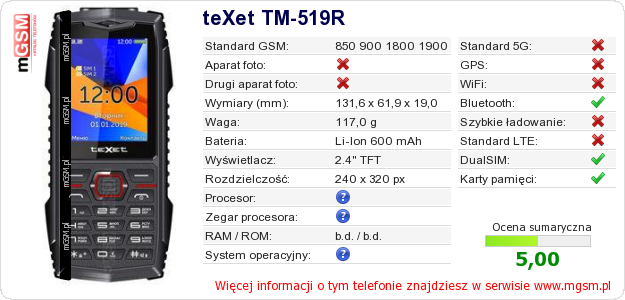 Dane telefonu teXet TM-519R