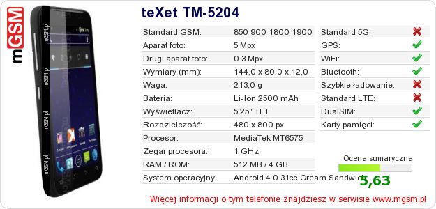 Dane telefonu teXet TM-5204 Dane telefonu teXet TM-5204