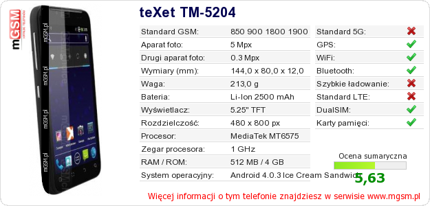 Dane telefonu teXet TM-5204