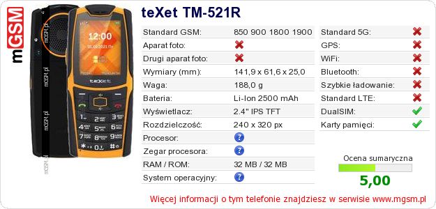 Dane telefonu teXet TM-521R Dane telefonu teXet TM-521R
