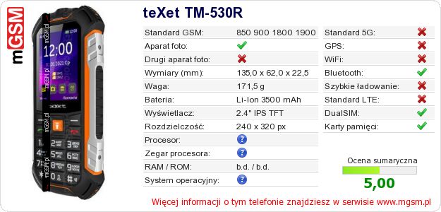 Dane telefonu teXet TM-530R