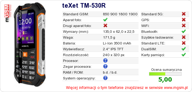 Dane telefonu teXet TM-530R Dane telefonu teXet TM-530R