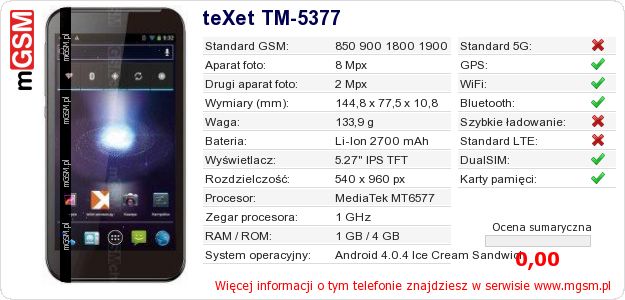 Dane telefonu teXet TM-5377