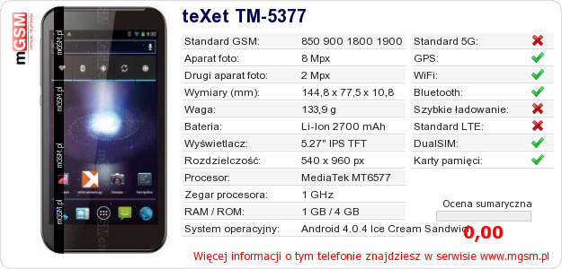 Dane telefonu teXet TM-5377