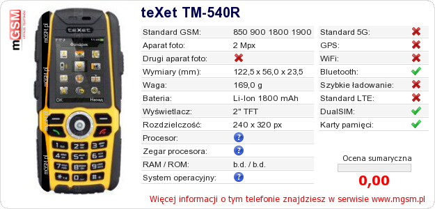 Dane telefonu teXet TM-540R