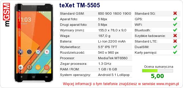 Dane telefonu teXet TM-5505 Dane telefonu teXet TM-5505