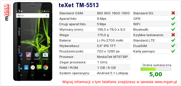 Dane telefonu teXet TM-5513