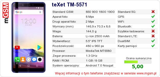 Dane telefonu teXet TM-5571