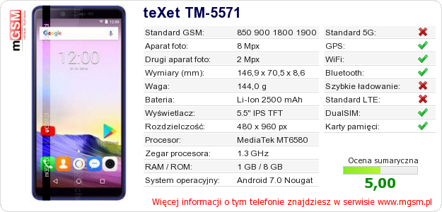 Dane telefonu teXet TM-5571 Dane telefonu teXet TM-5571