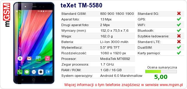 Dane telefonu teXet TM-5580