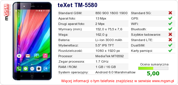 Dane telefonu teXet TM-5580