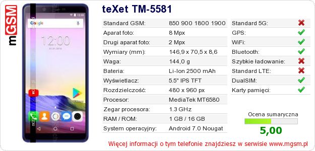 Dane telefonu teXet TM-5581 Dane telefonu teXet TM-5581