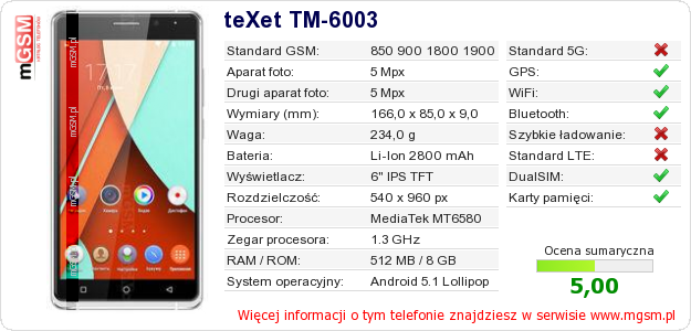 Dane telefonu teXet TM-6003 Dane telefonu teXet TM-6003