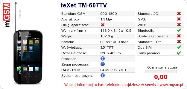 Dane telefonu teXet TM-607TV