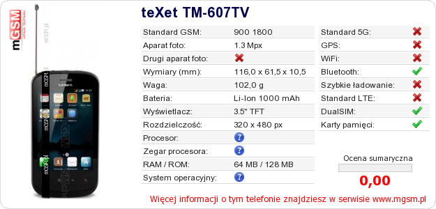 Dane telefonu teXet TM-607TV Dane telefonu teXet TM-607TV