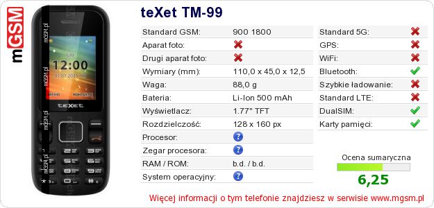 Dane telefonu teXet TM-99