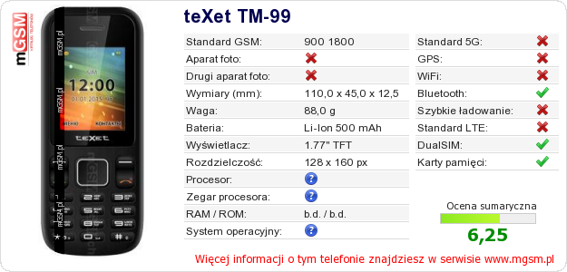 Dane telefonu teXet TM-99