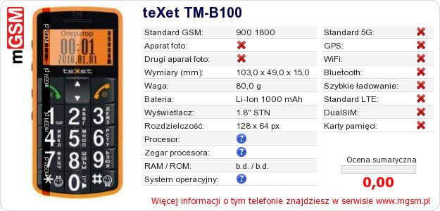 Dane telefonu teXet TM-B100 Dane telefonu teXet TM-B100