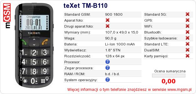 Dane telefonu teXet TM-B110