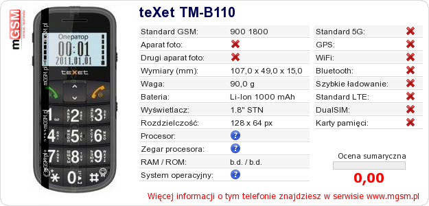 Dane telefonu teXet TM-B110 Dane telefonu teXet TM-B110