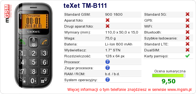 Dane telefonu teXet TM-B111