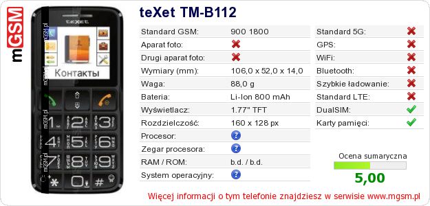 Dane telefonu teXet TM-B112 Dane telefonu teXet TM-B112