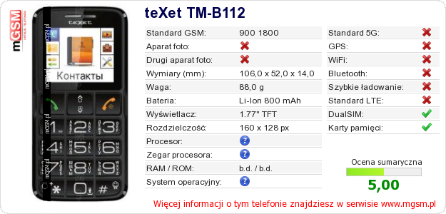 Dane telefonu teXet TM-B112