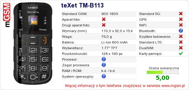 Dane telefonu teXet TM-B113 Dane telefonu teXet TM-B113