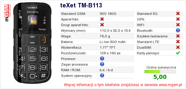 Dane telefonu teXet TM-B113