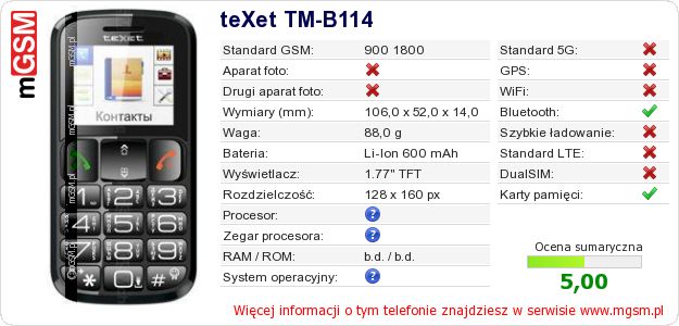 Dane telefonu teXet TM-B114
