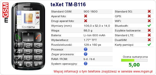 Dane telefonu teXet TM-B116