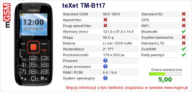 Dane telefonu teXet TM-B117