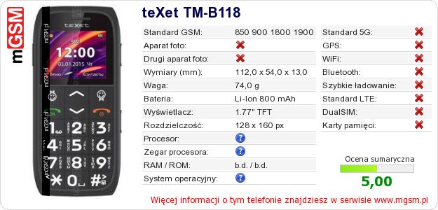Dane telefonu teXet TM-B118 Dane telefonu teXet TM-B118