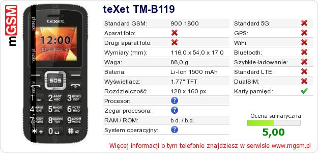 Dane telefonu teXet TM-B119 Dane telefonu teXet TM-B119